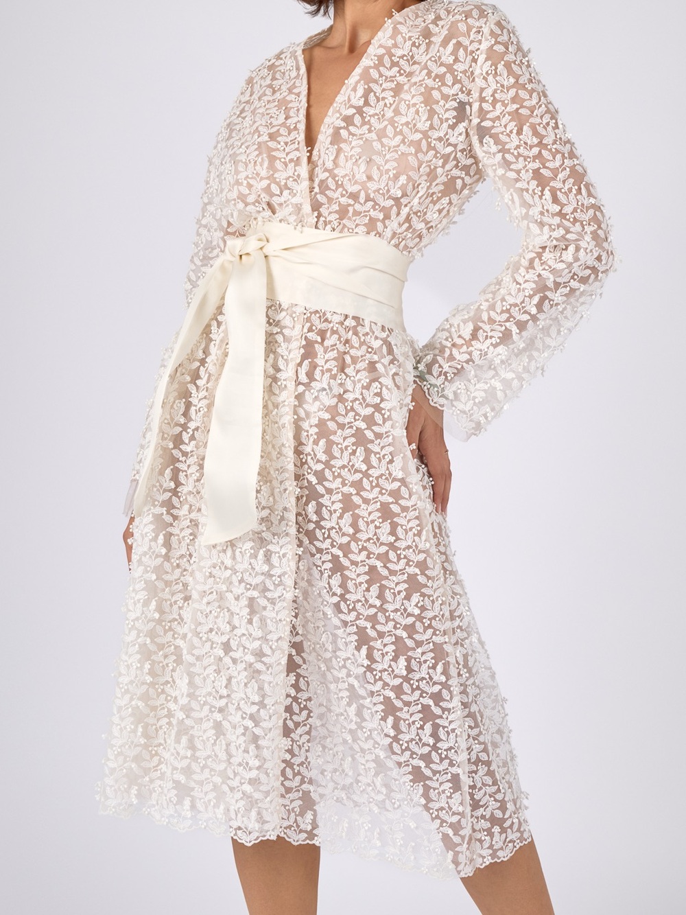 Sheer Floral Lace Midi Bridal Robe with Satin Waist Tie - Ivory